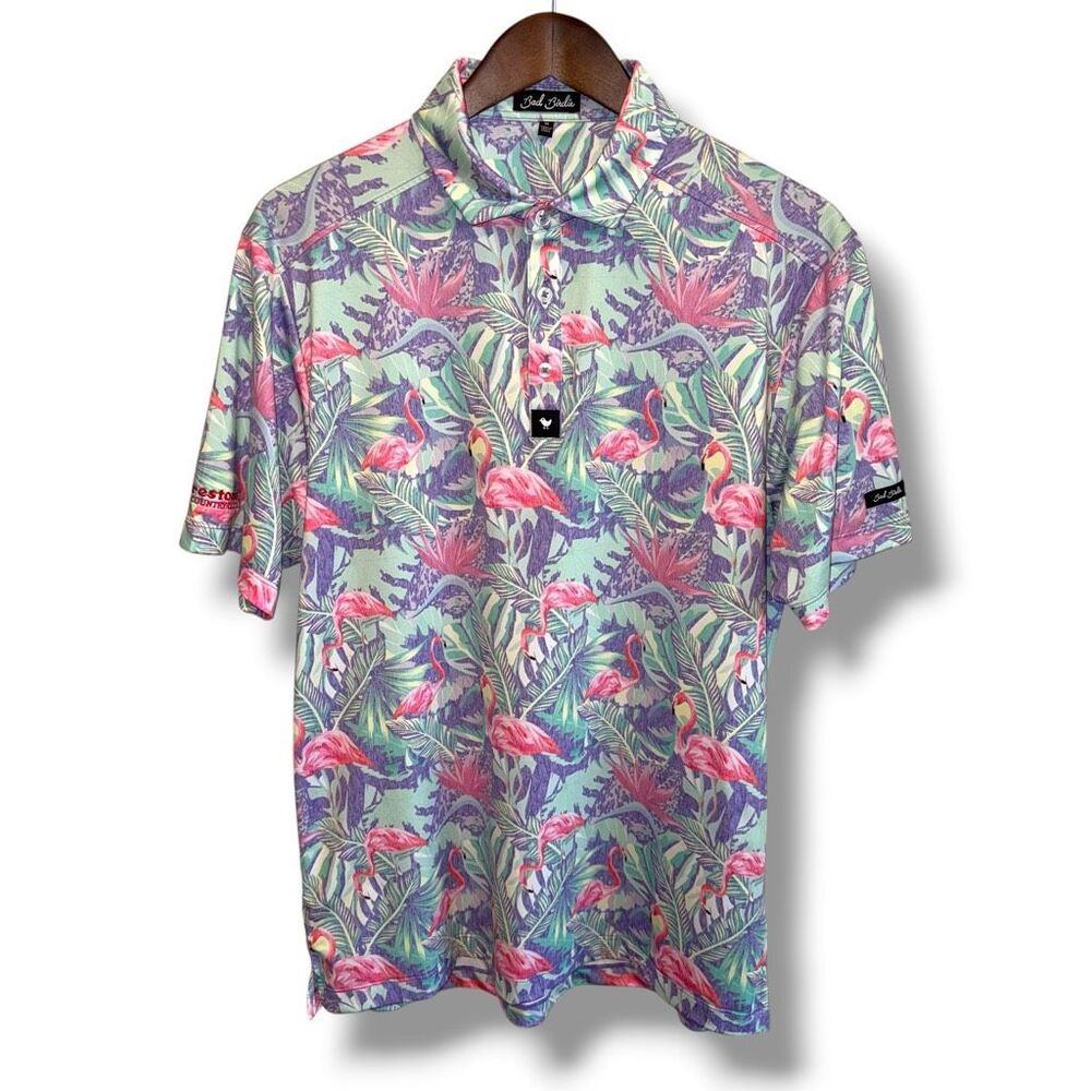 Bad Birdie Flamingo Print Performance Golf Polo Shirt Sz M